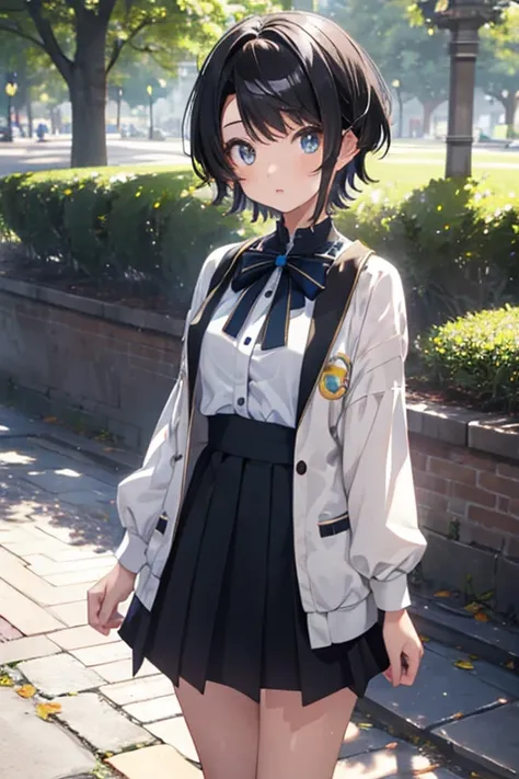 masterpiece, best quality, 4K, a girl, oozora subaru, shy, short hair, black hair, gradient eyes, with sparkling eyes, shiny skin, , mini skirt, full body shot, in the park, in the afternoon