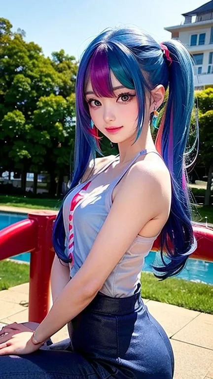 Small face、 (alone:1.5,)Very detailed,Bright colors, Very beautiful detailed anime faces and eyes, Look straight ahead, Shiny_skin,girl, (((Rainbow Hair, Colorful Hair, Half red、half blue hair: 1.2))), 、Shiny hair, Delicate beautiful face, blush、Glasses、(T...