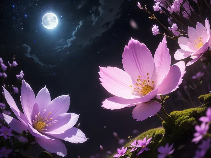 beautiful full moon starry sky、Moss phlox flowers budding in the moonlight々、Pink petal falling、Mysterious Background、mysterious wallpaper