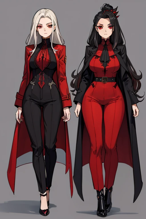 female, silver long hair with black highlights, red eyes, (((1girl))), (((red gothic coat with yellow trim))), (black shirt), (red pants), (black dress shoes), cute and sexy, full body, large breasts, large butt, long legs