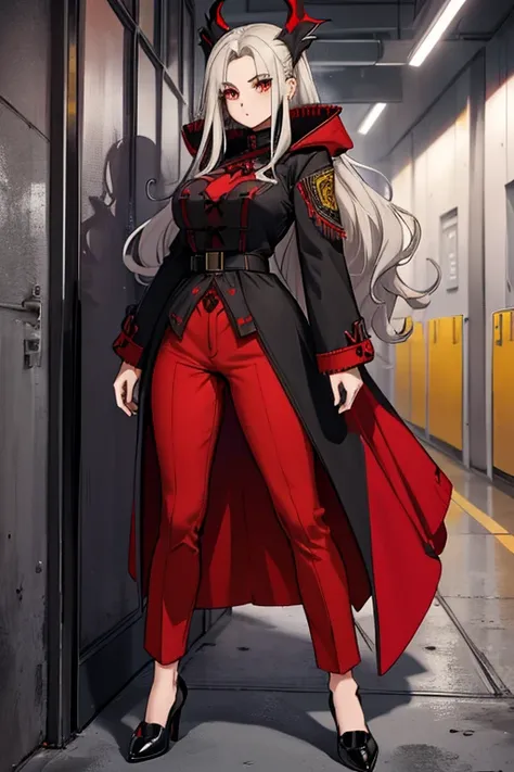 female, silver long hair with black highlights, red eyes, (((1girl))), (((red gothic coat with yellow trim))), (black shirt), (red pants), (black dress shoes), cute and sexy, full body, large breasts, large butt, long legs