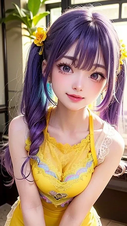 Small face、 (alone:1.5,)Very detailed,Bright colors, Very beautiful detailed anime faces and eyes, Look straight ahead, Shiny_skin,girl, (((Rainbow Hair, Colorful Hair, Half purple、half blue hair: 1.2))), 、Shiny hair, Delicate beautiful face, blush、Glasses...