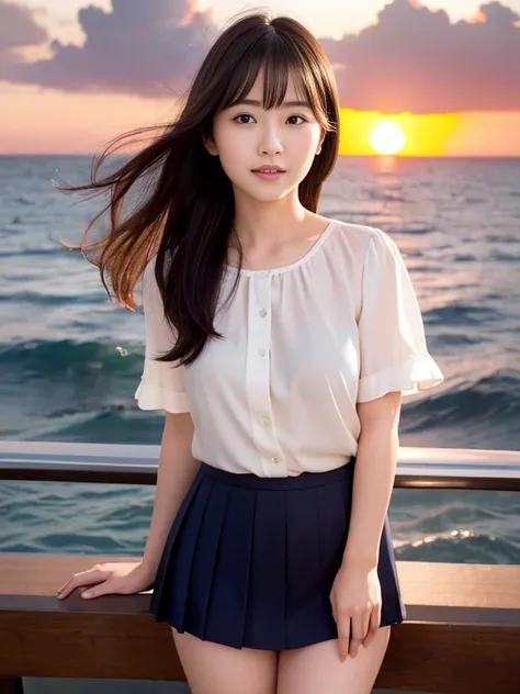 (highest quality, High resolution, Tabletop :1.3), 、Japanese women,（whole body：1.3）、24-years-old、Wearing a miniskirt、（Healthy thighs：1.4）、Even bangs、 Very beautiful face,  Beautiful realistic face,Beautiful woman, Orange sunset sky, Sun and clouds with oce...