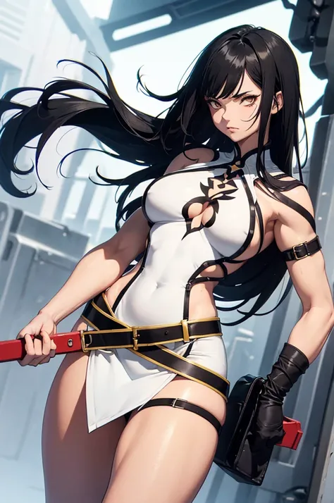 muscular 1 girl thick thighs thin waist perky breasts pale skin black hair long hair yellow eyes toned body tight dress angry