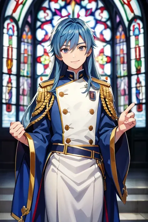 A blue haired male student with silver eyes and long hair in a magical uniform is smiling in front of a stained glass window