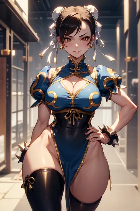 muscular 1 girl thick thighs thin waist perky breasts pale skin black hair long hair yellow eyes toned body tight dress angry,chun li,Evil Smile 
