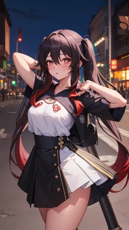 masterpiece, highest quality, Fu Tao V4, One girl, alone, blush, Twin tails, Long Hair, Hair between the eyes, ((Streetwear)), city, Outdoor, night, Movie Posters, Extremely detailed 8K, Smooth, High resolution, super high quality, Cinema Lighting, Ambient...