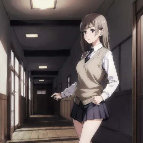 masterpiece,high quality,solo,
sasaki,1girl,
Tied brown hair, lilac eyes, 
,white shirt,collared shirt,necktie,sweater vest,
pleated skirt,
socks,
shoes,
night,school,corridor,hiding,
night,school,corridor,hiding,