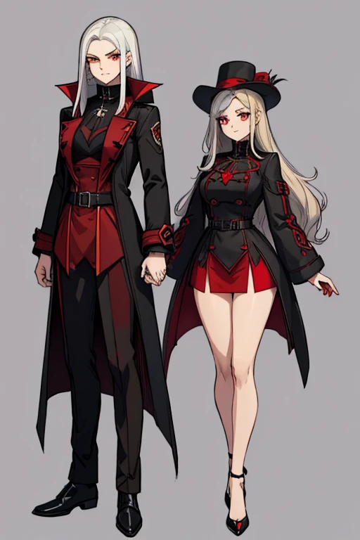 female, silver long hair with black highlights, red eyes, (((1girl))), (((red gothic coat with yellow trim))), (black shirt), (red pants), (black dress shoes), cute and sexy, full body, large breasts, large butt, long legs, smiling