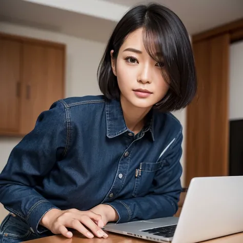 The face of a beautiful Japanese woman in her thirties with short hair, wearing a long-sleeved navy blue cotton shirt and working on a laptop in the living room at night. Focal length 100mmf/2.8, spring night, living room on the upper floor of a high-rise ...