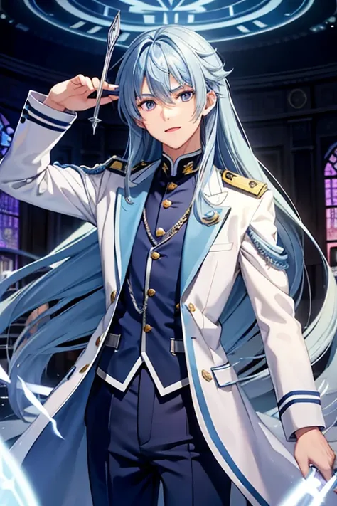 A blue haired male student with silver eyes and long hair in a magical uniform is  holding a silver wand in a classroom