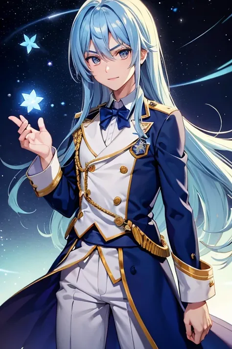 A blue haired male student with silver eyes and long hair in a magical uniform is  watching a shooting star