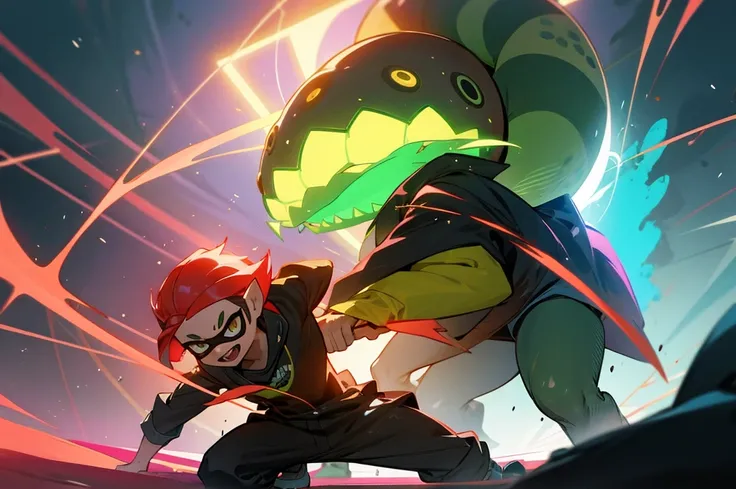 splatoon kids are fighting a giant eel monster,very fun,using various gadgets,deepsea stage,beautiful lighting, volumetric lighting, dynamic pose, sharp,