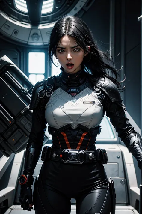 A beautiful woman takes command with her mouth wide open in anger. Mid twenties.A beautiful woman stands in front of the command seat of a spaceship and takes command. Black hair. He wears a black metallic battle uniform, and on his waist there is somethin...