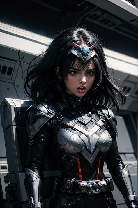 A beautiful woman takes command with her mouth wide open in anger. Mid twenties.A beautiful woman stands in front of the command seat of a spaceship and takes command. Black hair. He wears a black metallic battle uniform, and on his waist there is somethin...