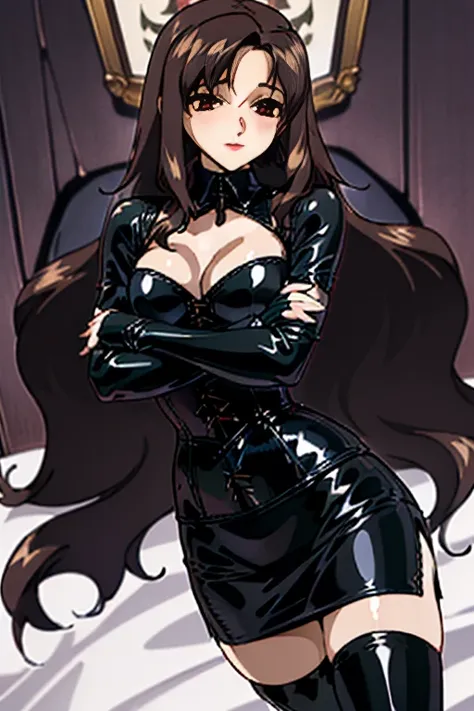 BDSM、Queen、spouse、One Girl、alone、(((Long gloves covered in black latex all the way to the fingertips)))、(((black latex corset dress:1.4)))、(((Beautiful lace corset dress.)))、(((corset dress with shoulder straps)))、(((black latex tight mini skirt:1.4)))、(((...