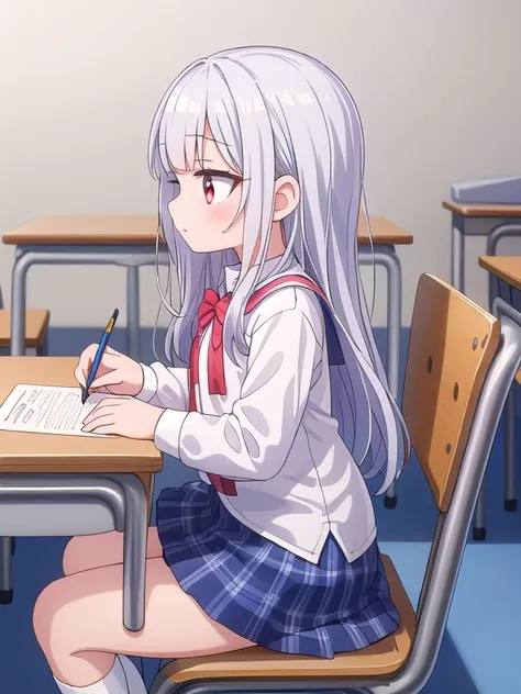 ((highest quality)), ((masterpiece)), (be familiar with), perfect face, long hair, silver hair, (((toddler))), white frilled clothing, open eyes wide, red eye, ((expressionless)), from side, school, ((((small breasts)))), sit on chair, study, White thigh-h...