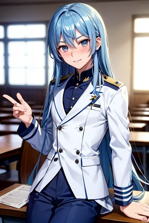 A blue haired male student with silver eyes and long hair in a magical uniform is  blushing on a desk