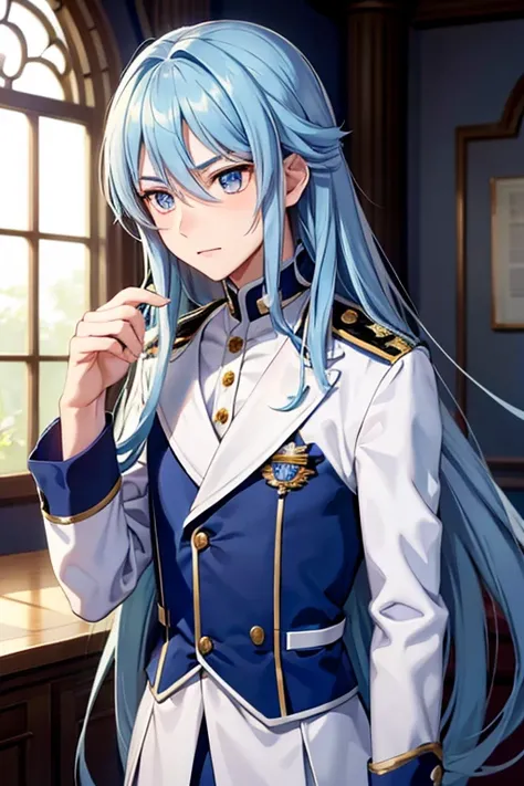 A blue haired male student with silver eyes and long hair in a magical uniform is practicing magic with a flustered expression