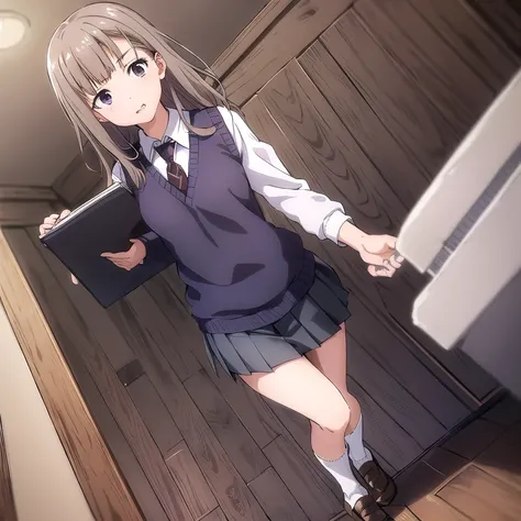 masterpiece,high quality,solo,
sasaki,1girl,
Tied brown hair, lilac eyes, 
,white shirt,collared shirt,necktie,sweater vest,
pleated skirt, socks 
night,school,corridor,hiding,