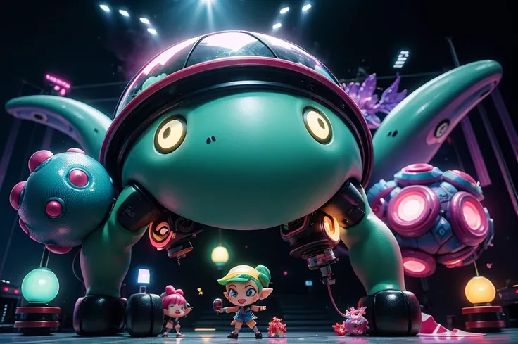 splatoon kids are fighting a giant crab monsters,very fun,using various gadgets,colorful,deepsea stage,beautiful lighting, volumetric lighting, dynamic pose, sharp,