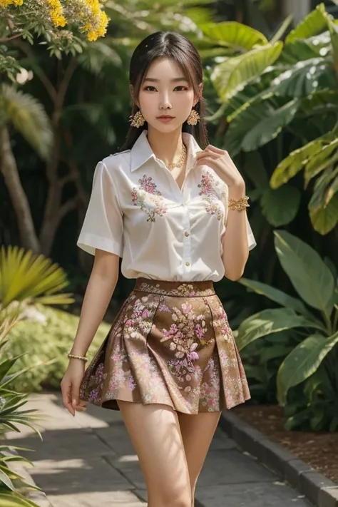 An Asian Girl, 20 years old, extremely beautiful and graceful, fashion dress 2024, Wear beautiful and expensive jewelry, Thin shirt and stylish floral embroidery, ultra-short skirt, Small and lovely body, 8k quality, Super Definition, super detailed, Brigh...