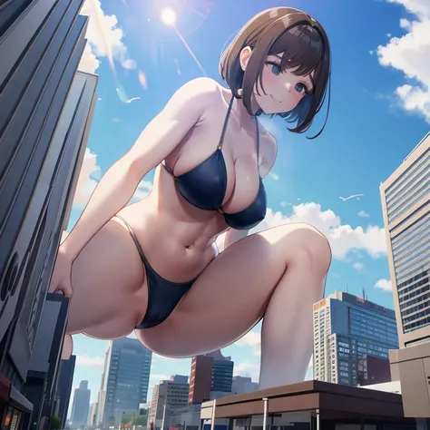 woman，Giant，Giant娘，Looking down at the viewer，Squat，Being outdoors，that&#39;Too big and looks white，Blurred by a mirage，A huge city at your feet，Skyscrapers at your feet，Approaching feet，trying to destroy the city，周りで一番大きいのはwoman，どの建物よりもwomanが大きい，City Cent...