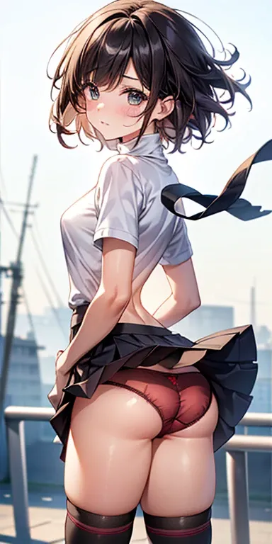 One Girl、blush、Embarrassed look、Perfect Anatomy、Short Bob、Small breasts、(((turtleneck、skirt、Black knee socks)))、((Hair tousled by the wind、Messy Hair、Broken hairstyle))、(((The wind flips my skirt:1.3、Red panties、Cute ass)))、Pay attention to the butt、Profes...