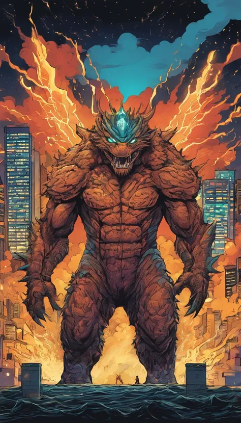 kaiju with thunder all around him. Shout. Tokyo in background at night