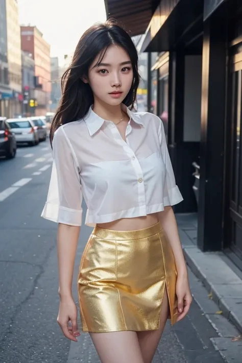 an Asian girl, 20 years old, extremely beautiful and graceful, dressed in early 2024 fashion, wearing beautiful and expensive jewelry, thin and see-through shirt, super short skirt, sexy body, quality 8K, super sharp, super detailed, bright sunlight shinin...