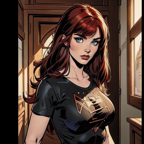 Draw a beautiful white redhead woman, she is wearing a black shirt, she has a long red hair with a long fringe, she has beautiful eyes, her face is pretty, very beutiful, high resolution, 4k, 8k, masterpiece, high detailed, american comic book style image