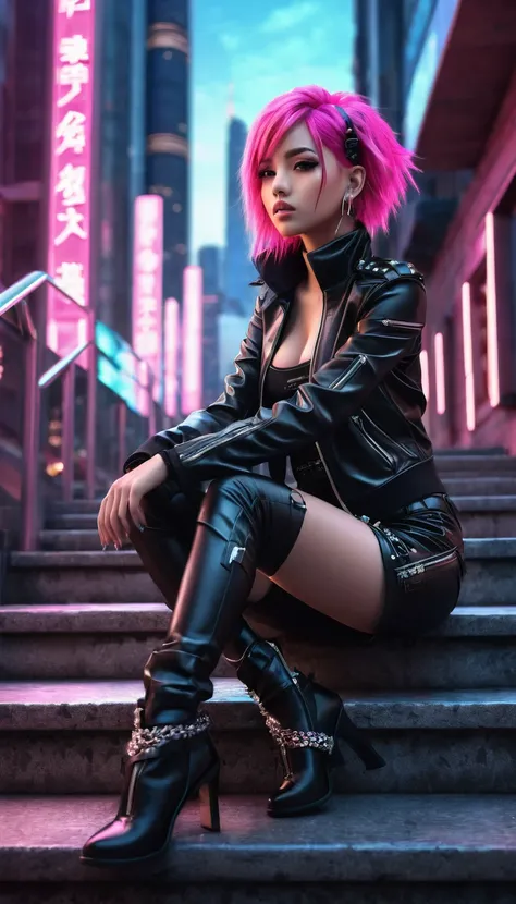 A captivating 3D render of an anime girl with bright pink hair, sitting on a set of worn, stone stairs. She dons a stylish black leather outfit, adorned with silver accessories and zippers. Her posture is confident and her gaze is determined. The backgroun...