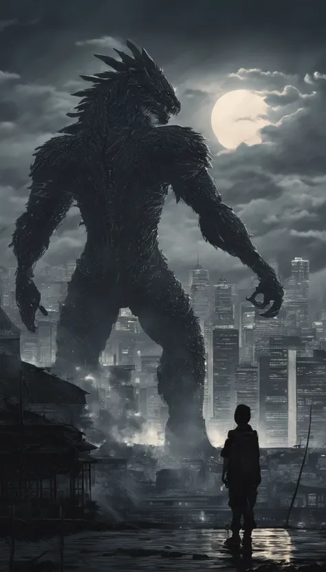 kaiju with thunder all around him. Shout. Kuala Lumpir cityscape in background at night. A young teenager with big cannon aiming at kaiju