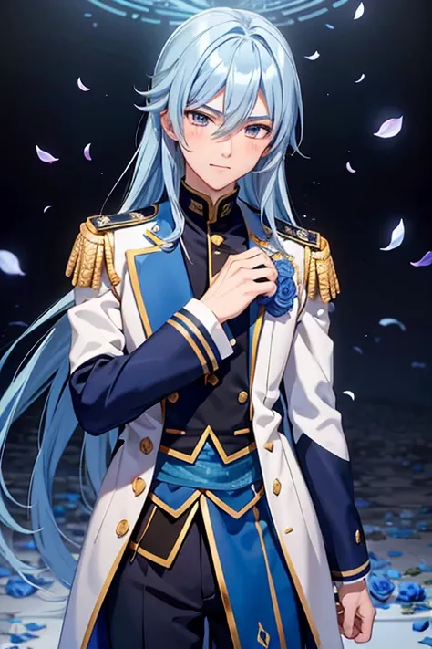 A blue haired male student with silver eyes and long hair in a magical uniform is blushing in a flurry of blue rose petals