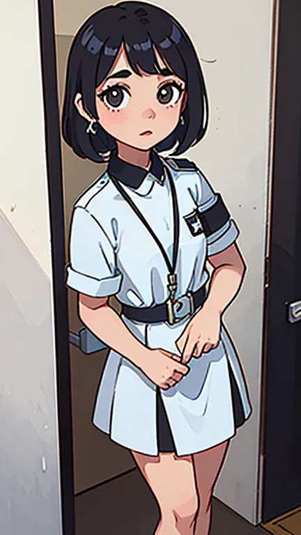 1 Malay girl, 10 years old, black hair, blue pupils, delicate face, cute, love earrings, white dress, standing at the door of the police station, playful, ultra hd, masterpiece, best quality, super detail, ccurate