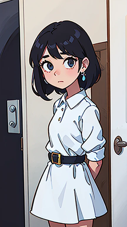 1 Malay girl, 10 years old, black hair, blue pupils, delicate face, cute, love earrings, white dress, standing at the door of the police station, playful, ultra hd, masterpiece, best quality, super detail, ccurate