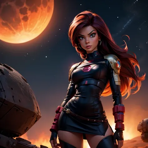 Realistic photography, high quality, Leela from Futurama catches evil robots on Mars, she is wearing a short skirt and a tight top, thin waist, detailed face, Moonlight night, thin hips, (nuclear explosion in the distance: 1.1), strong wind, magic light, D...