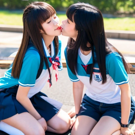 Two Japanese high school girls in short sleeves and shorts are kissing