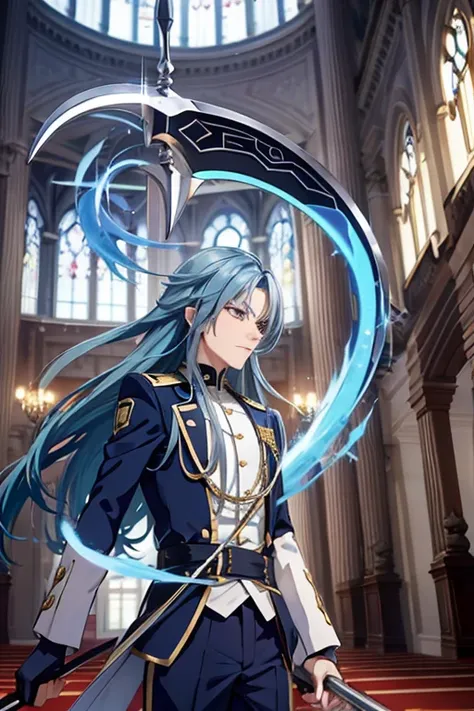 A blue haired male student with silver eyes and long hair in a magical uniform is spinning a scythe in the grand hall