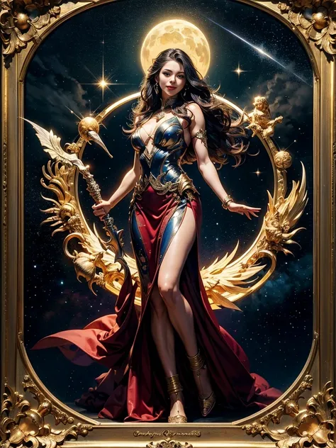 ((highest quality, 8k, masterpiece: 1.3)),（Real 8K,　7-Head Beauty）Full-body slender beauty、Golden Sagittarius Astrolabe in Sagittarius，Image of Sagittarius, Ajin, half marathon，((Charming Sagittarius female characters:1.2),(Sagittarius symbol:1.1),Starry s...