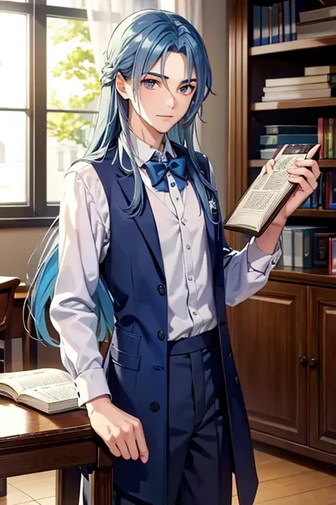 A blue haired male student with silver eyes and long hair in a magical  is picking out a couple of books in the classroom