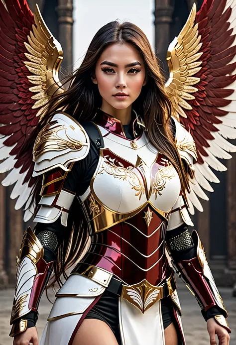 Best quality, 8K,woman, beautiful and detailed face, straight long hair,big eyelashes,(((dark red and gold embroided space armour))),((big open angel´s WHITE wings)),armlets,black belt,white neutral scenario,DYNAMIC ANGLE, ((dynamic pose))