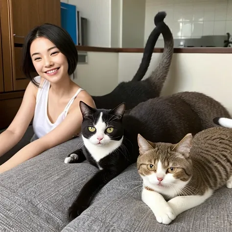 Humans smile、Real cats relaxing