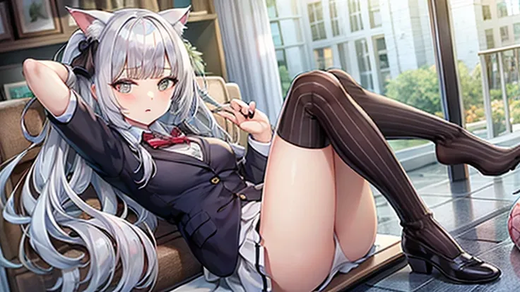 Cat-eared girl, White mini skirt,blazer,Black knee socks,Silver Hair