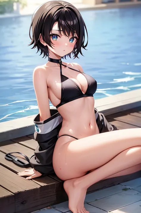 masterpiece, best quality, 4K, a girl, oozora subaru, shy, short hair, black hair, gradient eyes, with sparkling eyes, shiny skin, full body shot, sports bikini, Sweating profusely, Wet Skin, spread legs,Moonlit Night, moonlight,