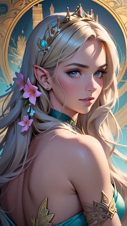 (8k, RAW photo, highest quality, masterpiece:1.2), Super detailed, super resolution, (realistic, realistic Photo:1.37), portrait, High-definition RAW color photo, painting of a woman with flowers in her hair, Beautiful line drawing, exquisite line art, god...