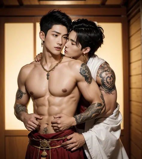 (make all safe for work),Two handsome boys kissing, smiling at each other,hugging, kissing, touching lips, cuddle, romantic,skin ship, Chinese Men God, Mythology, realistic, Chinese odyssy, super Handsome,manly, kpop idol, handsome korean actor, 20 years o...