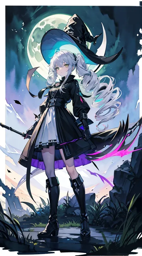 ((scythe)),green eye best quality ultra-detailed,unity 8k wallpaper,witch,((twin drills)),scythe,dark fantasy,((watercolor)),full body,Moonlit Garden,((glowing eyes)),beautiful girl,silver hair,wide shot,braided boots,Looking Side Glance,witch hat