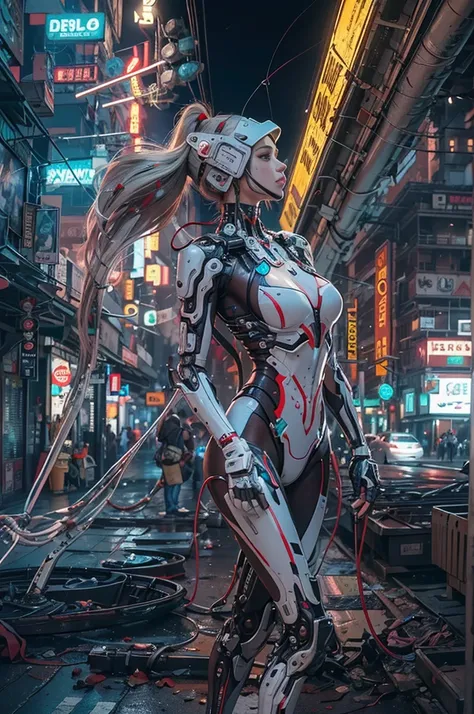 Top Quality, Masterpiece, Ultra High Resolution, ((Photorealistic: 1.4), Raw Photo, 1 cyberpunk Girl, Glossy Skin, 1 Mechanical Girl, (Ultra Realistic Details)), mechanical limbs, tubes connected to the mechanical parts, mechanical vertebrae attached to th...