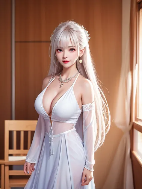 Female teacher standing in the classroom v6, necklace, earrings, full body v6, long white hair, translucent clothes, visible, superb, ultra-high-definition, RAW photo, realism: 1.25), (bright lip gloss, long eyelashes, smooth face, light skin, natural shad...